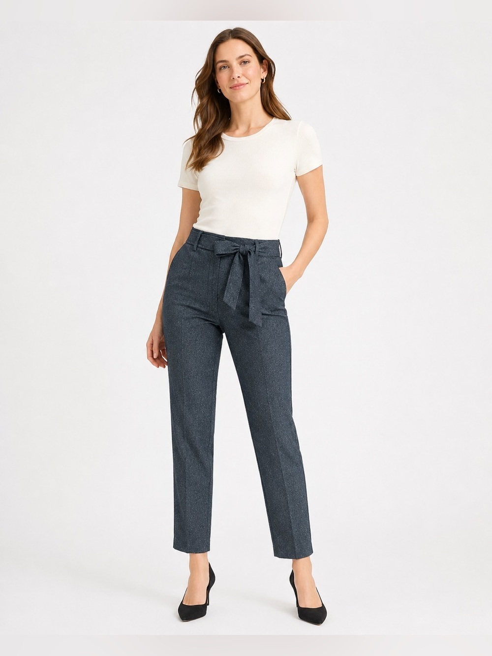 LOFT Petites Marisa 4P Gray Tweed Belted Dress Pants Work Office Chic
